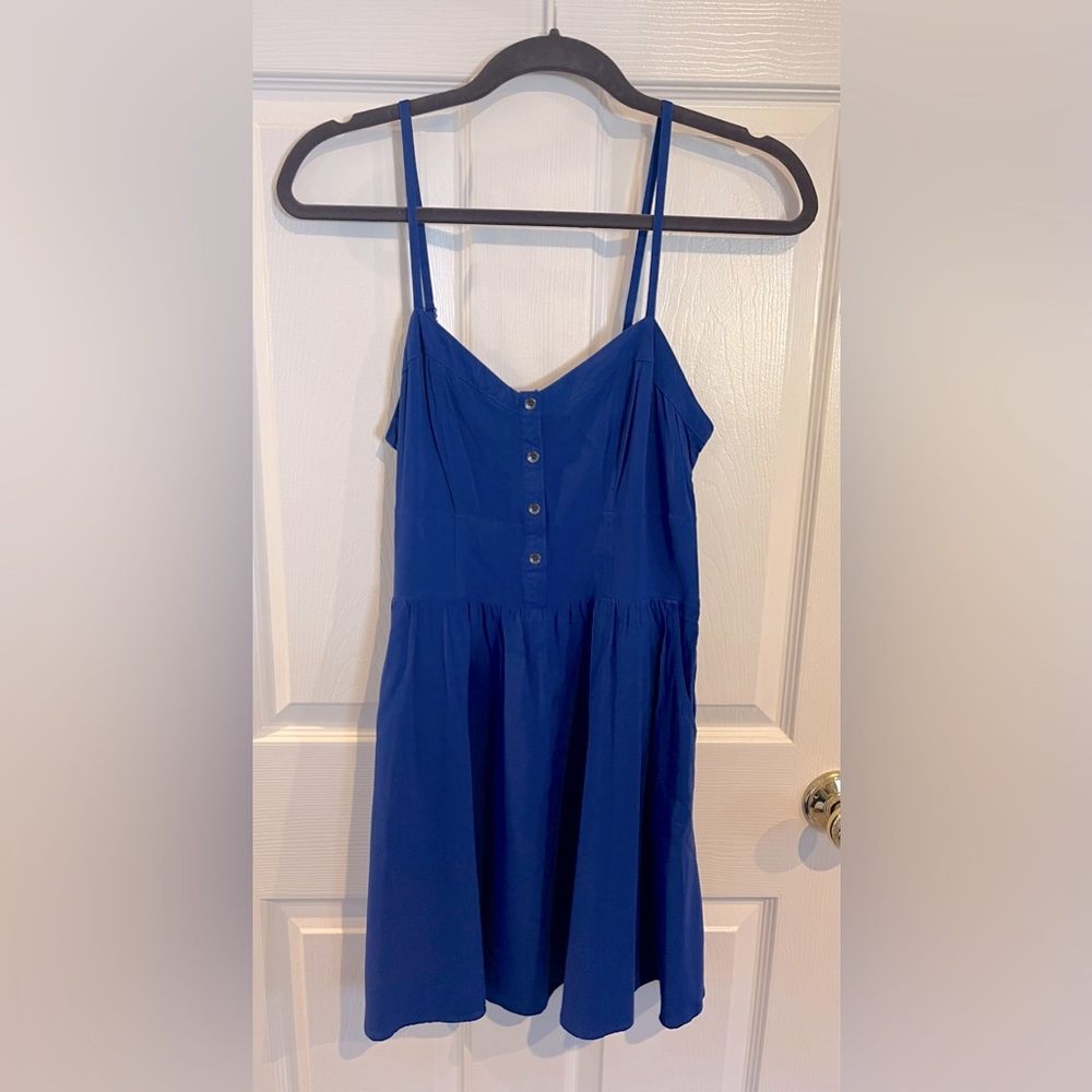 Express Strapped Button-up Mini Blue Dress w/ Pockets
